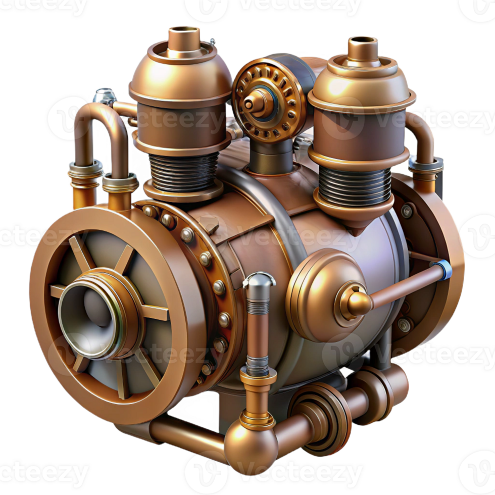 striking dreamy urban Steampunk airship engine with pistons, gears, and copper pipes with Transparent Background precision png