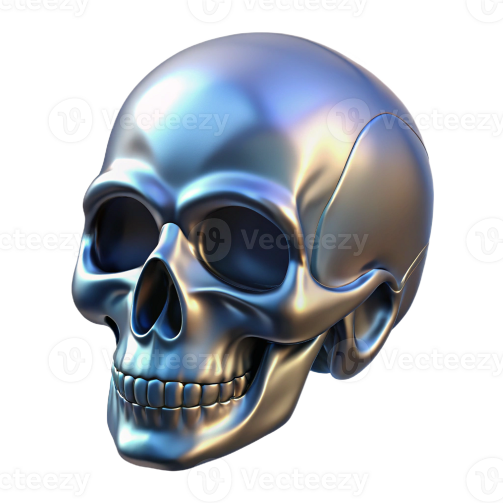 intense extraordinary Concept art style, ultra-detailed, isolated cutout of a single, stylized, metallic skull with Transparent Background exclusive png