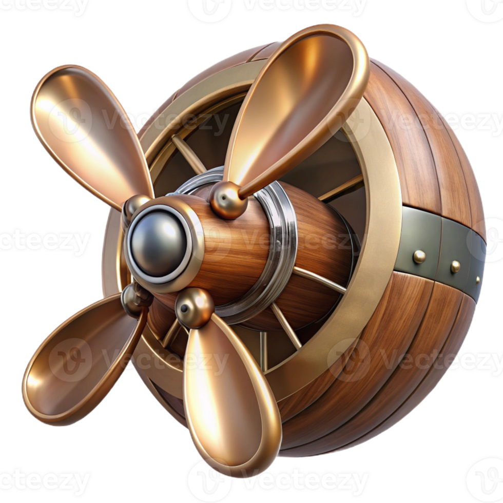 magnificent sought-after Steampunk airship propeller made of polished wood and copper with Transparent Background png