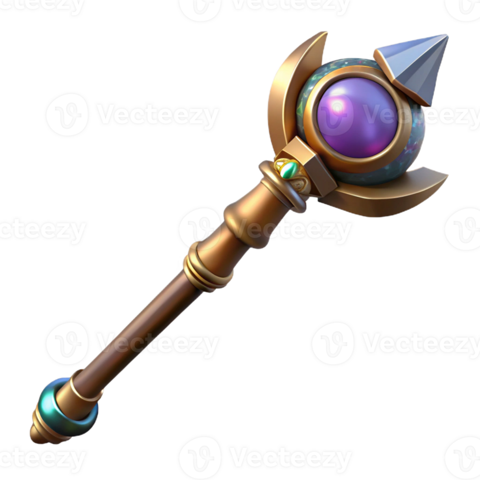 intense dramatic Concept art style, hyper-specific professional render of an isolated cutout, ornate wizard's staff with a crystal orb at the top with Transparent Background 4K png