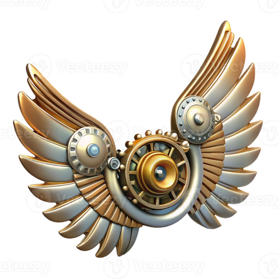 dynamic extraordinary Steampunk wings crafted from gears, springs, and metal feathers with Transparent Background crisp png