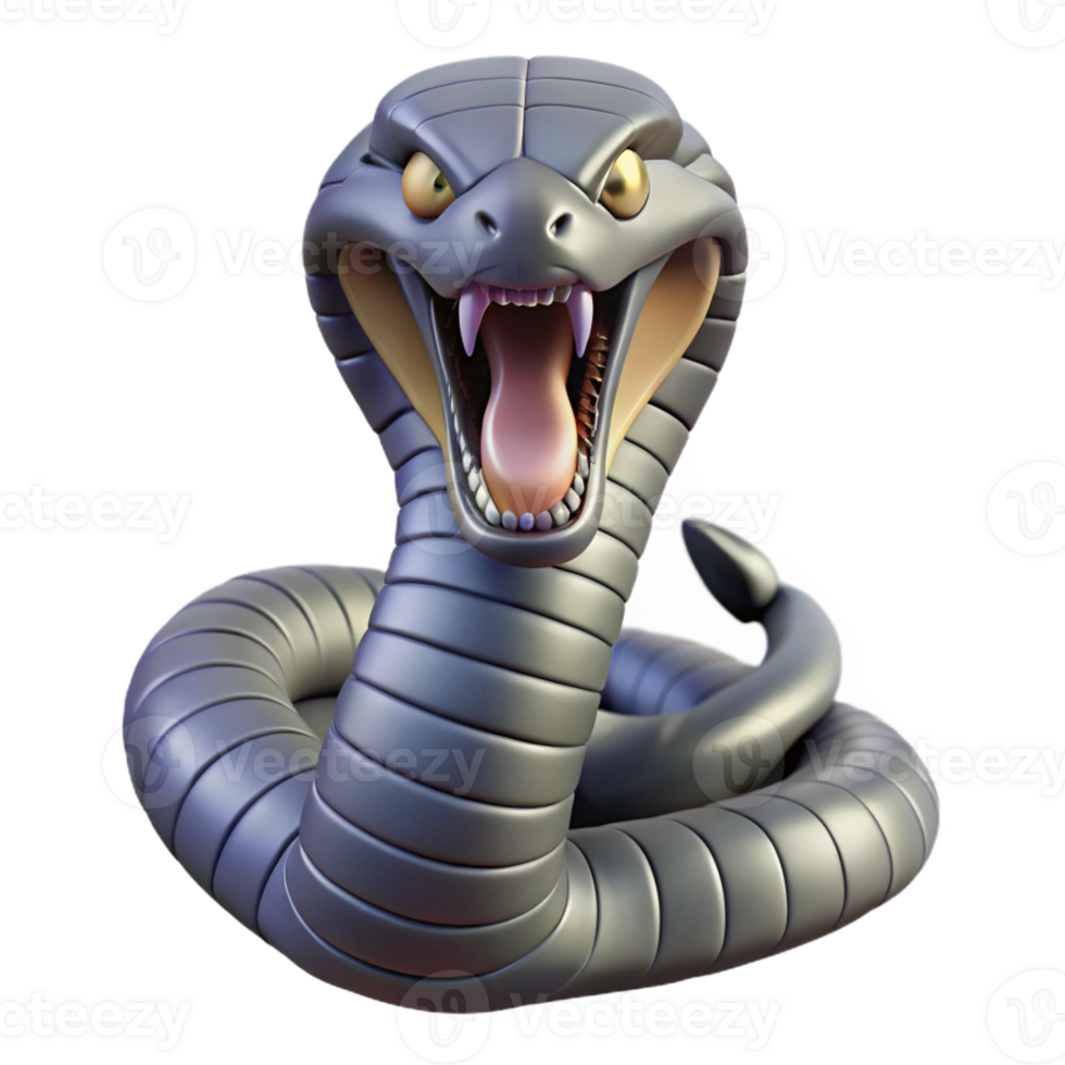 fascinating rustic Hyper-specific concept art style isolated cutout of a professional render of a single, coiled king cobra with hood flared, fangs bared with Transparent Background impeccable png