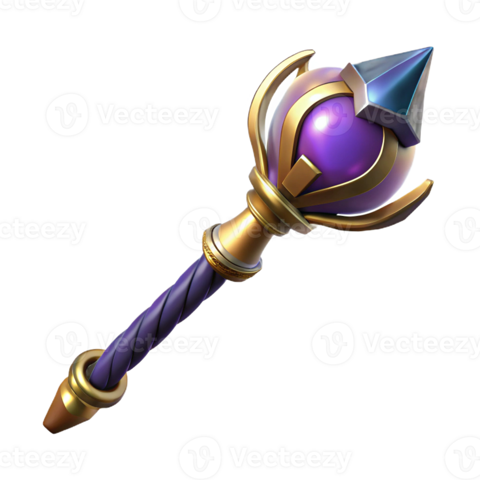 fascinating celebrated Concept art style, hyper-specific professional render of an isolated cutout, ornate wizard's staff with a crystal orb at the top with Transparent Background png