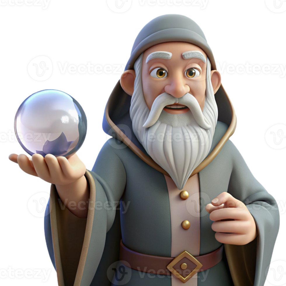 wonderful timeless A wise old wizard, long white beard, holding a crystal ball with Transparent Background png