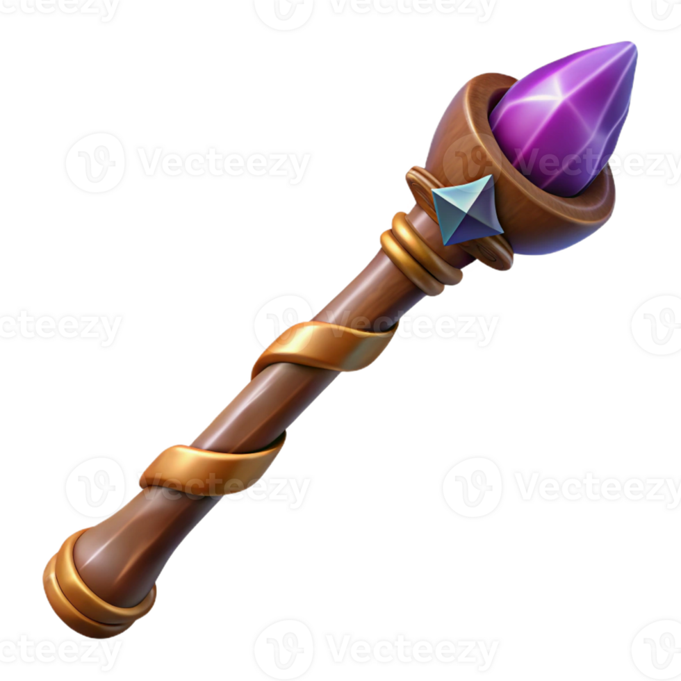 iconic surreal Photorealistic, ultra-detailed isolated cutout of a single, gnarled wooden wand with embedded crystals, professional render with Transparent Background top-tier png