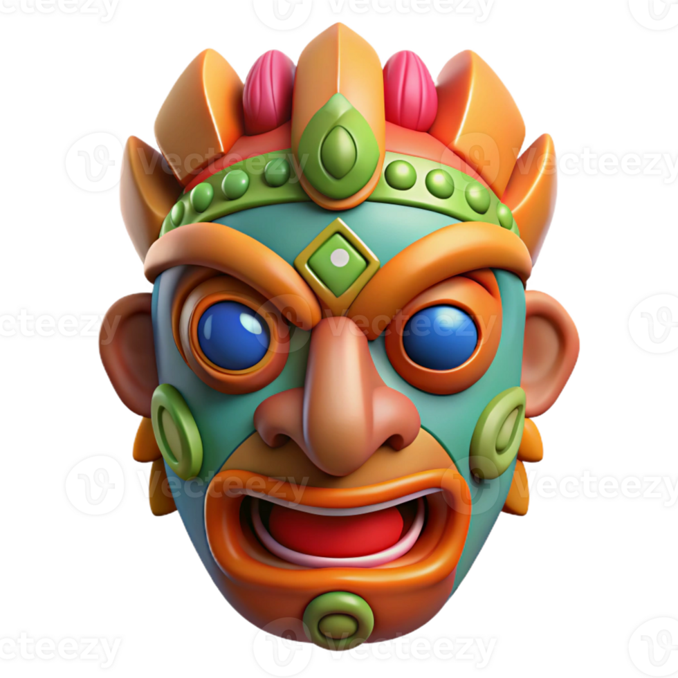 joyful hypnotic A stylized tribal mask, intricate carvings, vibrant colors with Transparent Background crisp png