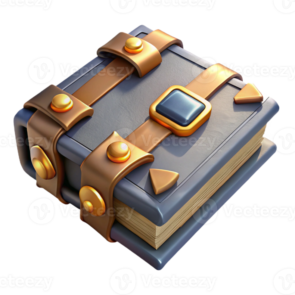 intense magnificent Photorealistic, ultra-detailed isolated cutout of a single, ancient grimoire with metallic bindings, professional render with Transparent Background perfect clarity png