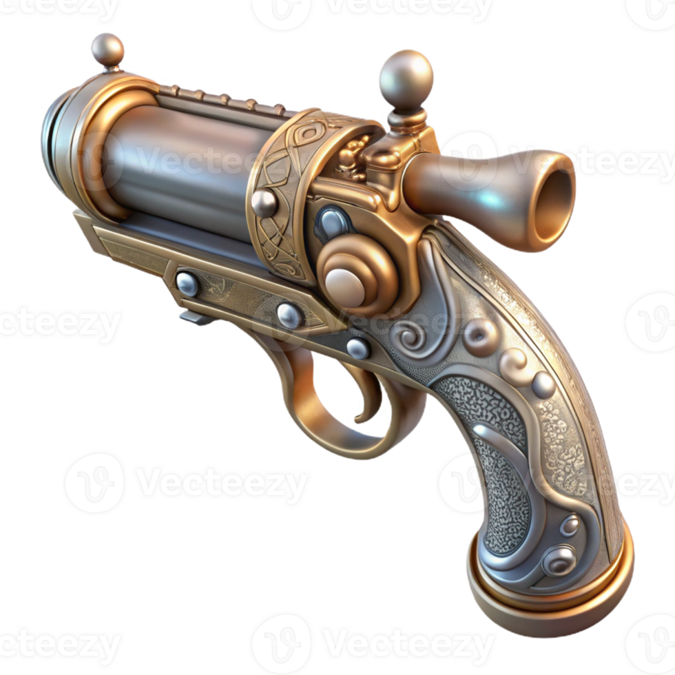 unparalleled contemporary Steampunk pistol with ornate engravings and pearl grips with Transparent Background 4K png