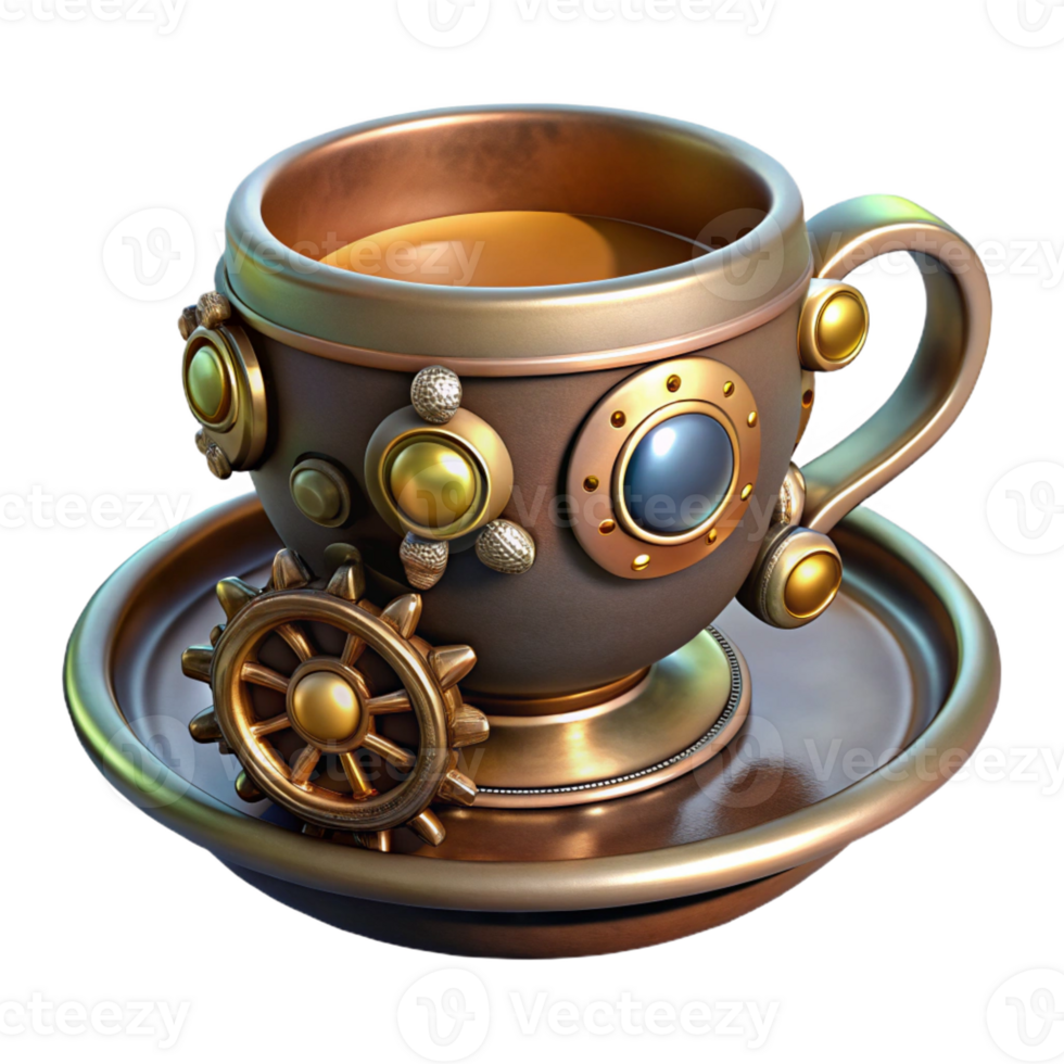 reflective hypnotic Steampunk teacup with a saucer and intricate metal embellishments with Transparent Background handcrafted png