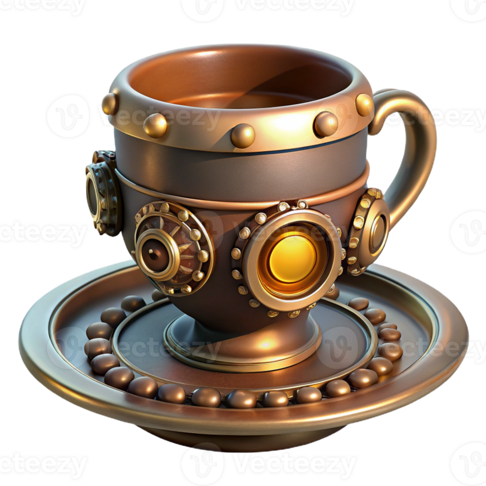 remarkable minimalist Steampunk teacup with a saucer and intricate metal embellishments with Transparent Background top-tier png