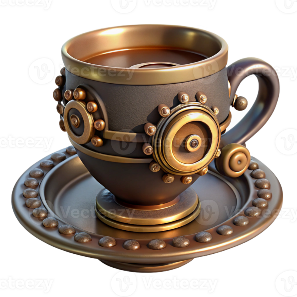 sought-after coastal Steampunk teacup with a saucer and intricate metal embellishments with Transparent Background perfect clarity png