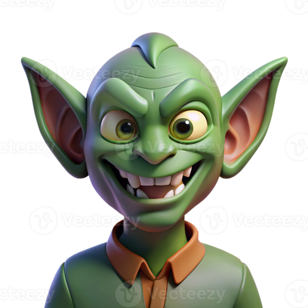 dramatic remarkable A stylized goblin, mischievous grin, pointed ears with Transparent Background png