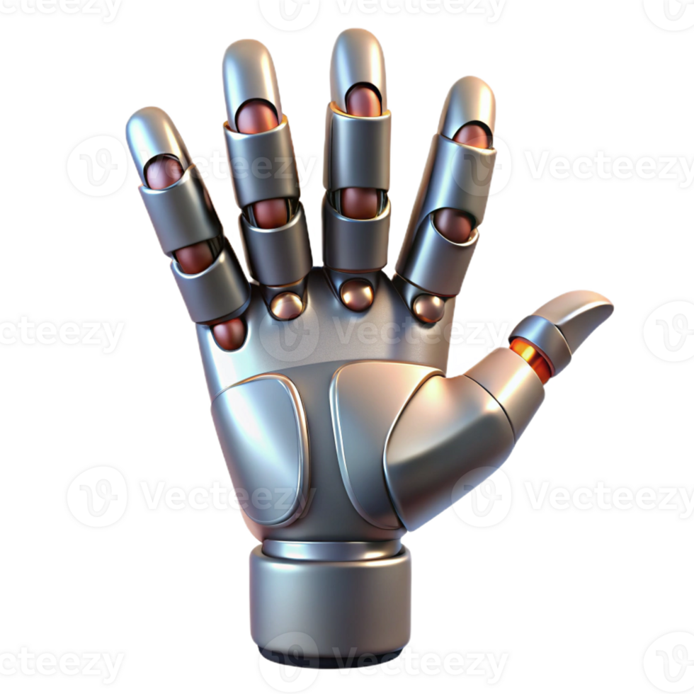 radiant inspired Concept art style, professional render of a biomechanical hand with articulated fingers, isolated cutout with Transparent Background png