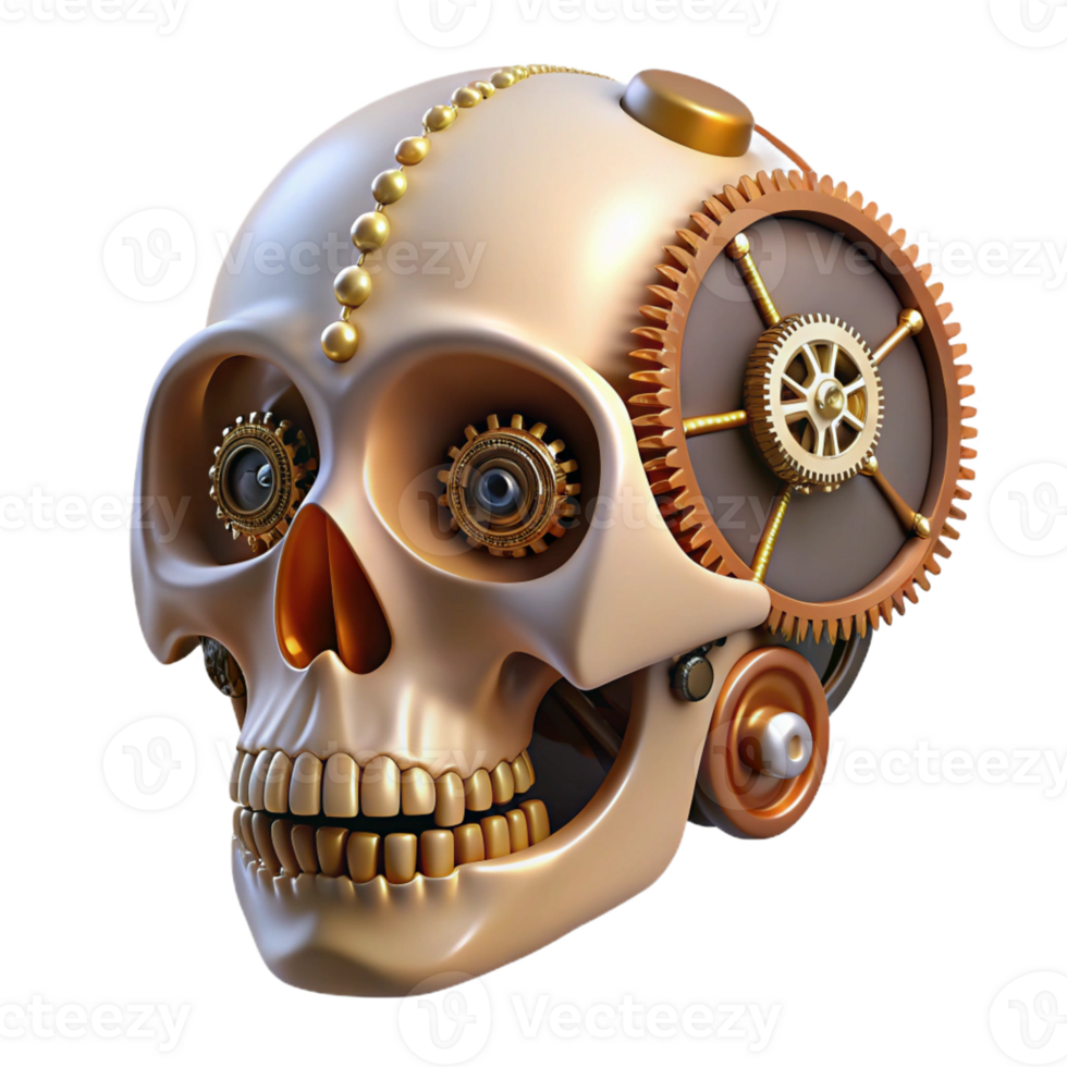 immaculate coastal Steampunk skull with exposed gears and wires with Transparent Background exclusive png