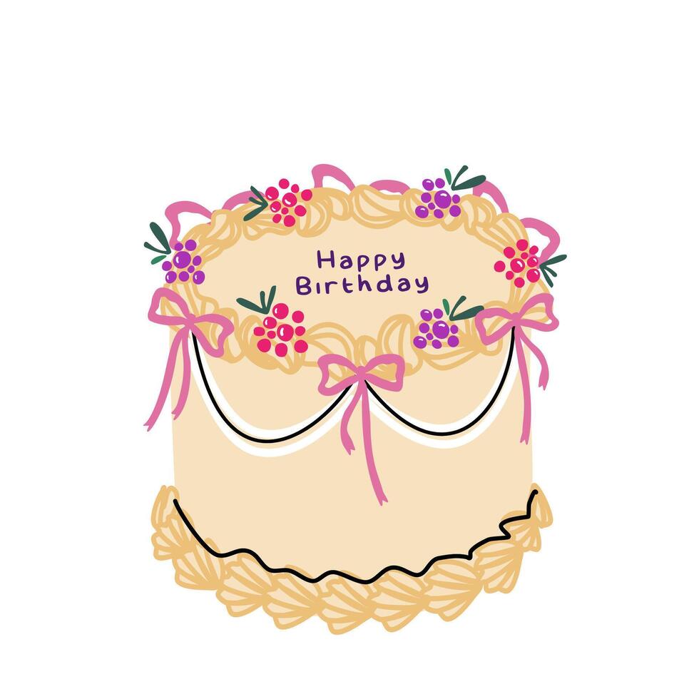Ruffled cake in coquett trendy style with raspberry and bow. Happy Birthday concept. Flat cute sticker isolated on white background vector