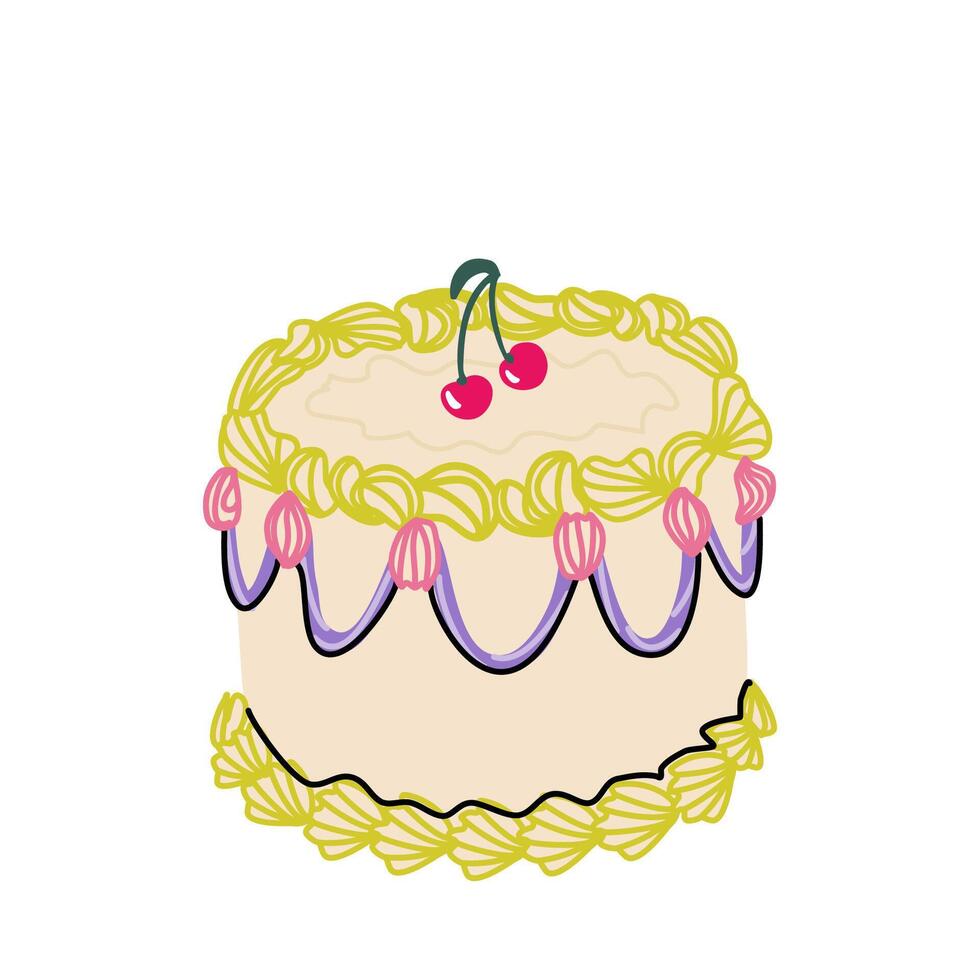 Ruffled cake in coquett trendy style with cherry. Flat cute sticker isolated on white background vector