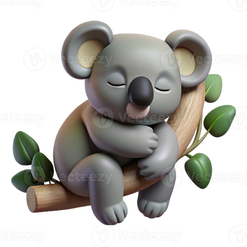 glorious passionate art deco Photorealistic, ultra-detailed professional render of an isolated cutout of a single sleeping koala clinging to a eucalyptus branch with Transparent Background luxury png