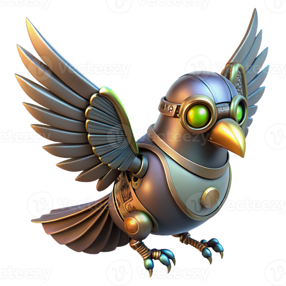 joyful mesmerizing Steampunk bird with metal wings and glowing eyes with Transparent Background crisp png
