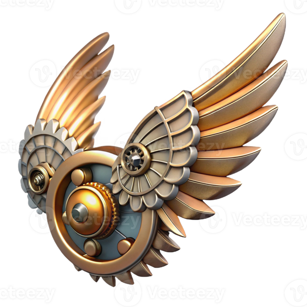 majestic calm futuristic Steampunk wing with articulated metal feathers and gears with Transparent Background original png