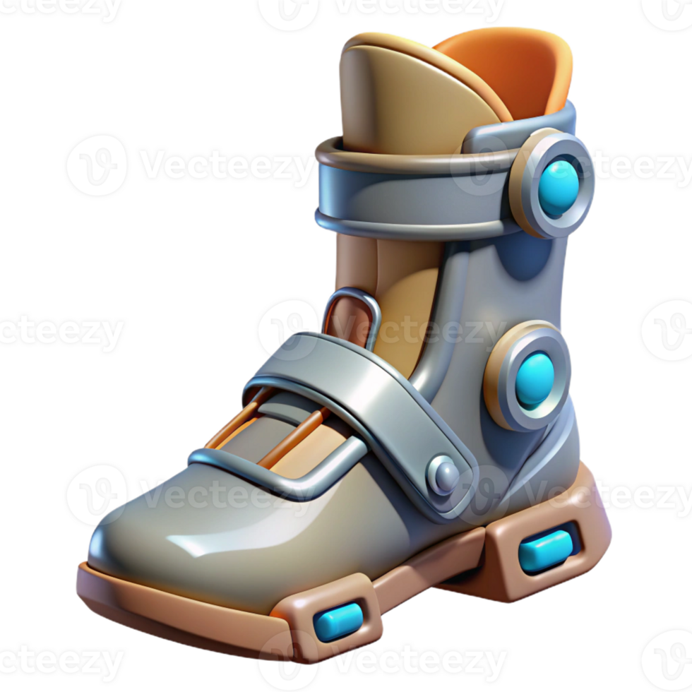 unforgettable tropical Concept art style, professional render of a biomechanical boot with integrated propulsion system, isolated cutout with Transparent Background high resolution png