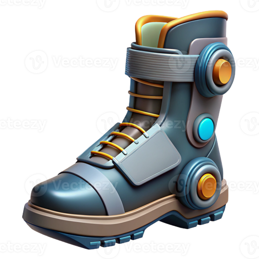 magnificent industrial Concept art style, professional render of a biomechanical boot with integrated propulsion system, isolated cutout with Transparent Background authentic png