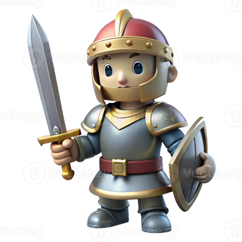 extraordinary iconic A cartoon knight, shining armor, holding a sword with Transparent Background png