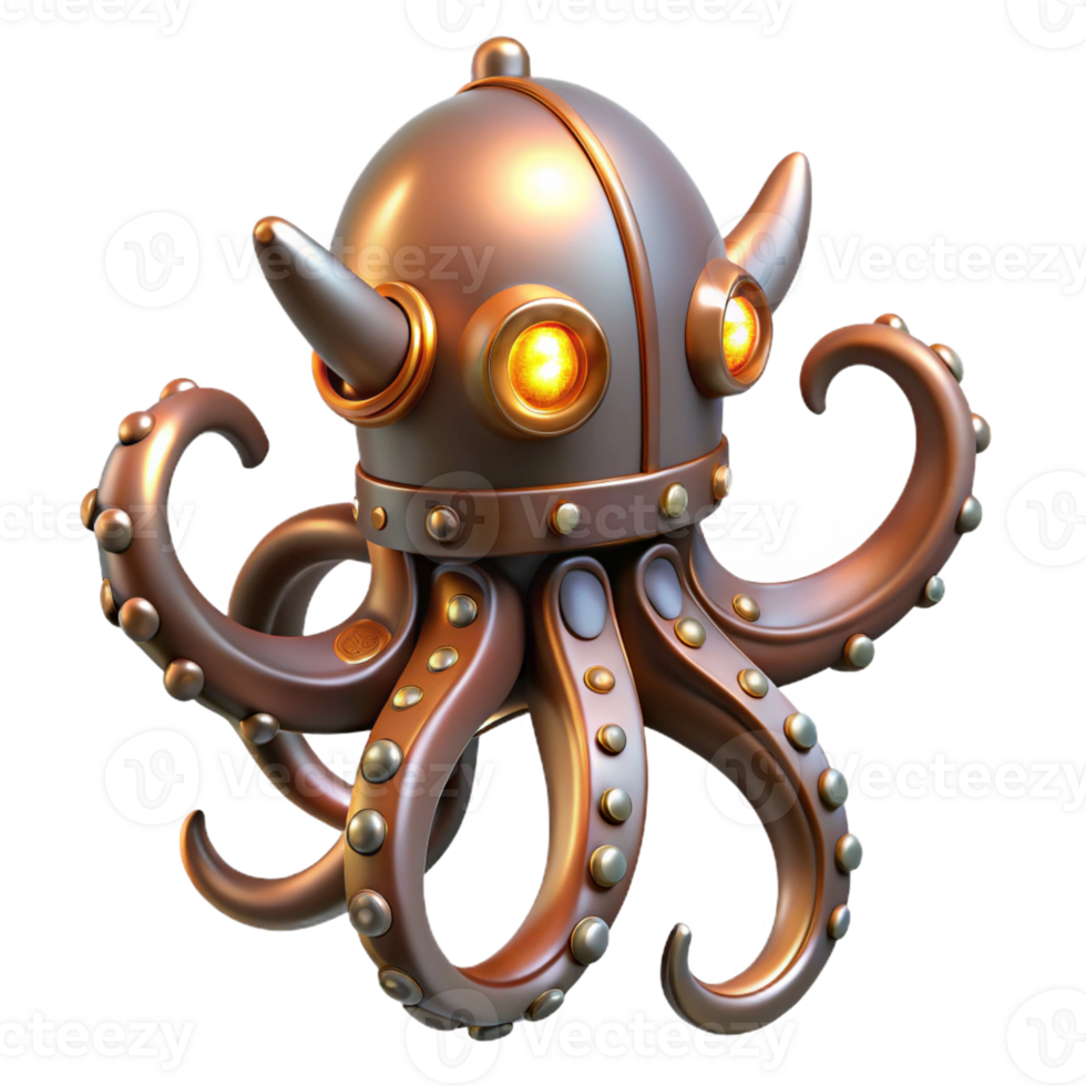 serene mysterious tropical Steampunk octopus with metal tentacles and glowing suckers with Transparent Background masterfully captured png