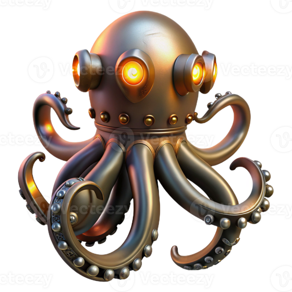 striking reflective impressionist Steampunk octopus with metal tentacles and glowing suckers with Transparent Background 8K png
