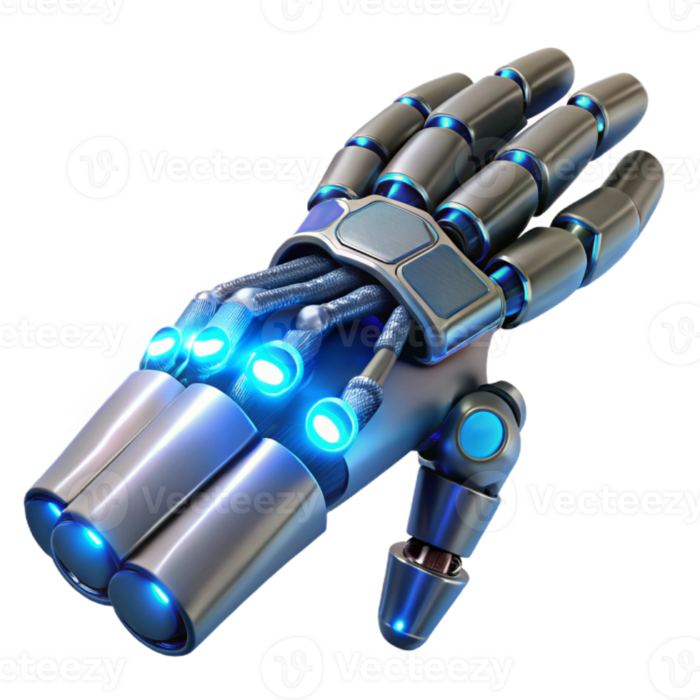 impressive distinctive Concept art style, isolated cutout of a biomechanical prosthetic arm with intricate wiring and glowing blue energy conduits with Transparent Background png