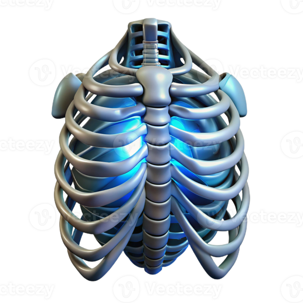 quintessential retro Isolated cutout, hyper-specific concept art of a biomechanical ribcage with glowing energy conduits with Transparent Background handcrafted png