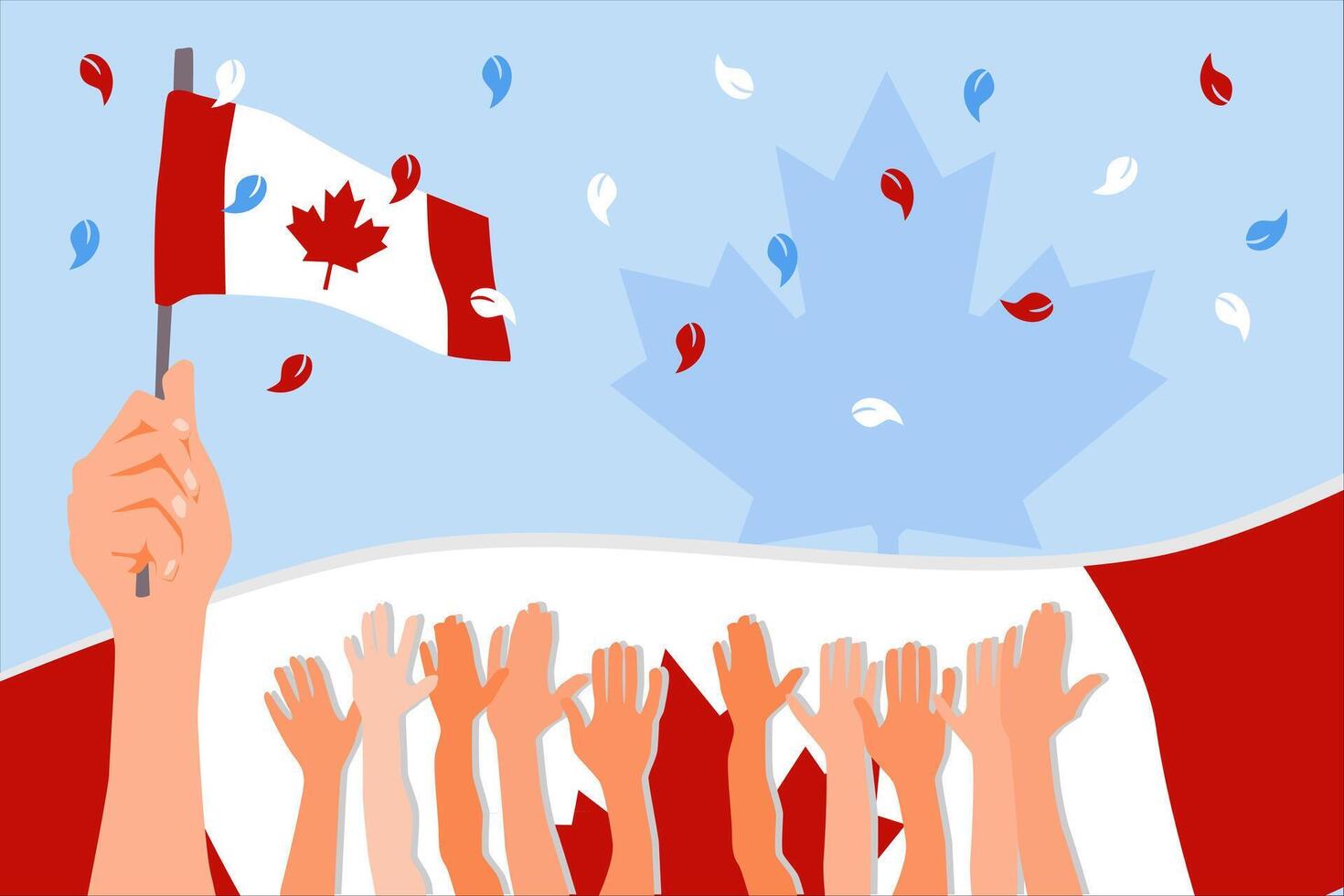 Independence Day Background. Background with a hand holding a Canadian flag, several hands raised, and a Canadian flag behind it. Light blue background vector