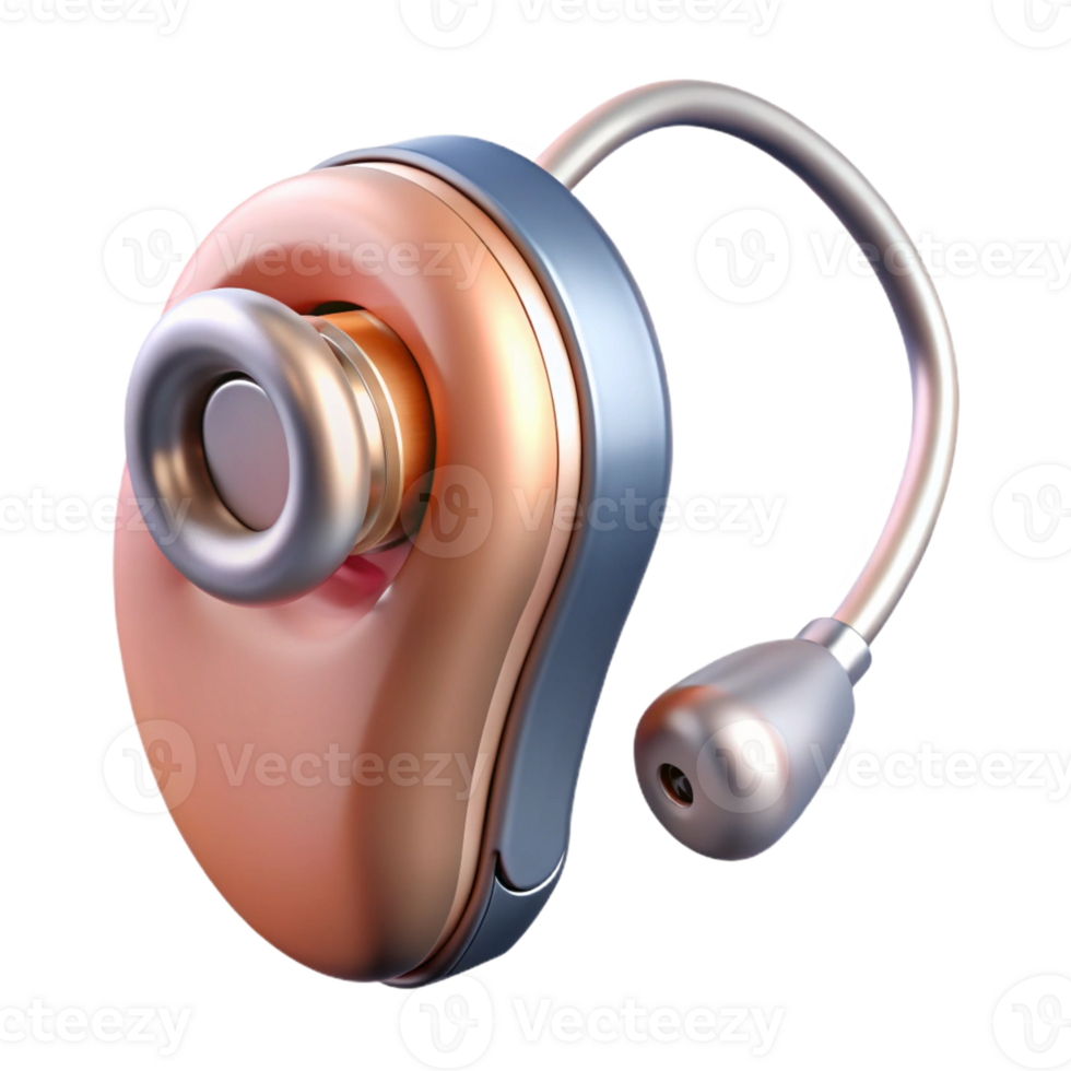 dramatic romantic industrial Hyper-specific, photorealistic render of a biomechanical cochlear implant with advanced audio processing, isolated cutout with Transparent Background fine detail png