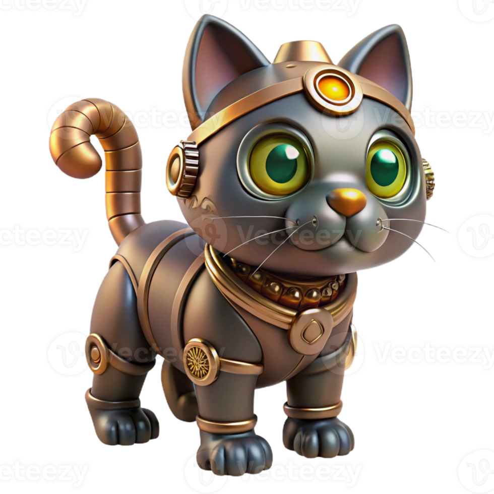 vibrant quintessential Steampunk cat with metal gears and glowing eyes with Transparent Background png