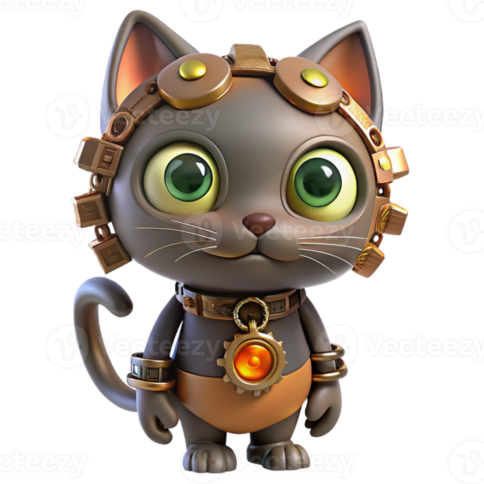 playful wonderful Steampunk cat with metal gears and glowing eyes with Transparent Background 4K png