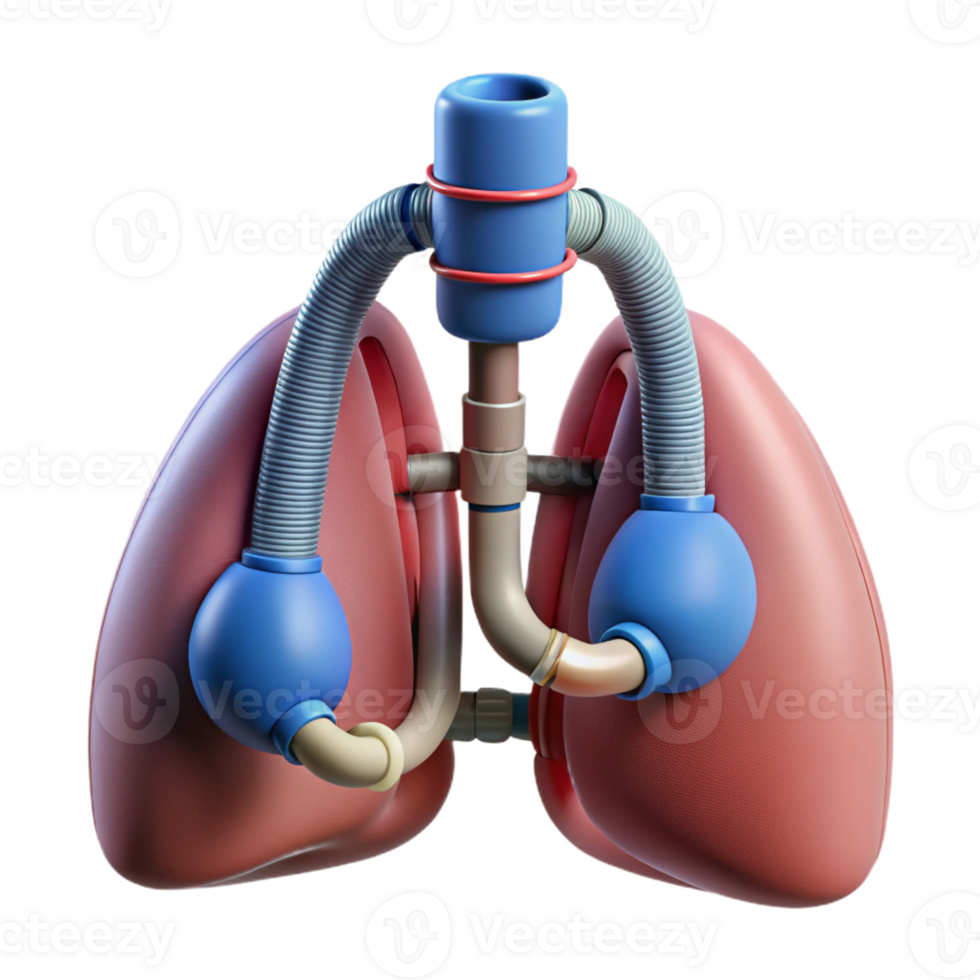 inspired elegant Hyper-specific, professional render of a biomechanical lung with filtration membranes and oxygen tanks Isolated cutout Photorealistic with Transparent Background crisp png