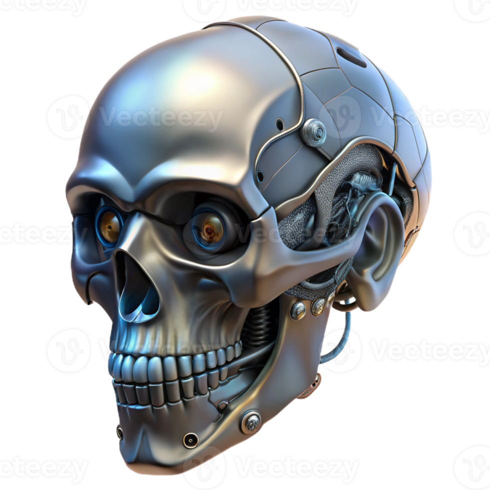 impressive coveted Professional render, ultra-detailed, photorealistic biomechanical skull with exposed wiring with Transparent Background png