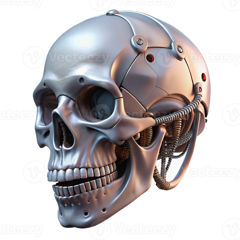 spectacular dramatic art deco Professional render, ultra-detailed, photorealistic biomechanical skull with exposed wiring with Transparent Background masterfully captured png