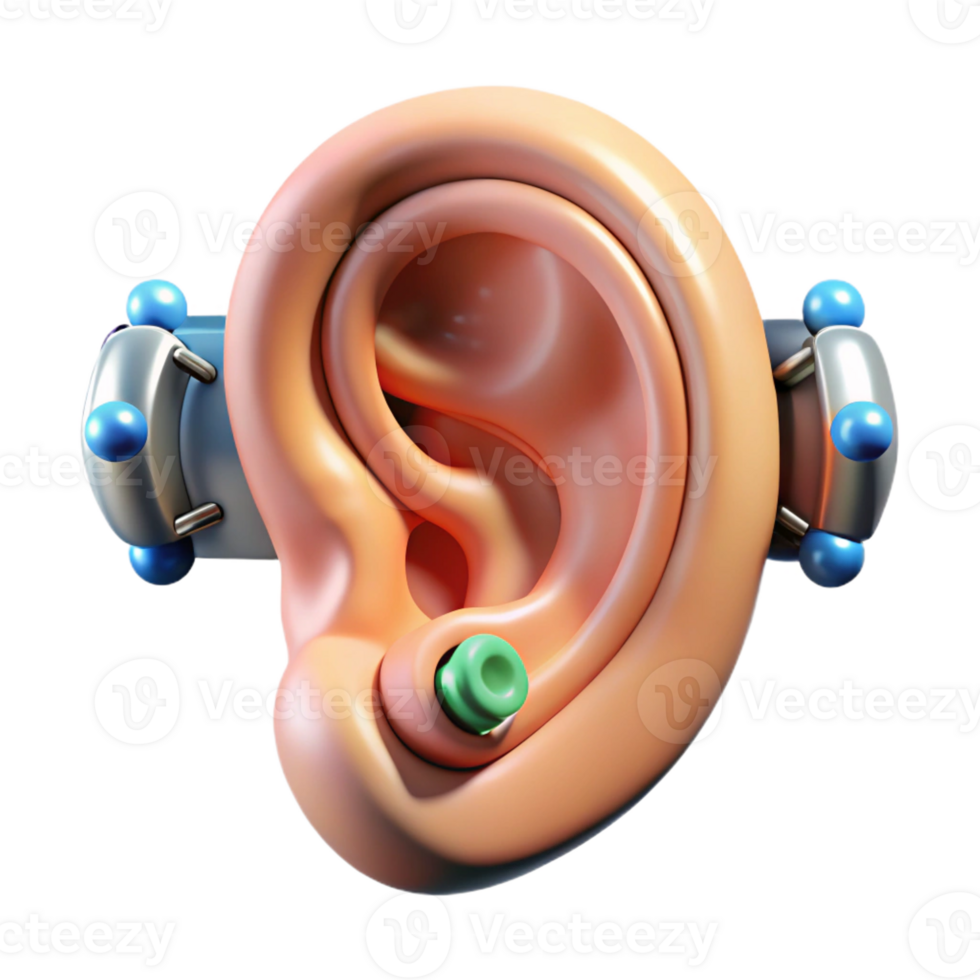 melancholic exquisite Hyper-specific, concept art style, isolated cutout of a biomechanical ear with audio sensors and amplifiers with Transparent Background elite png