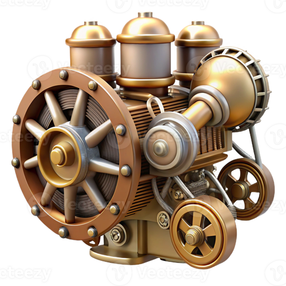 impressive coveted Steampunk airship engine with exposed pistons and gears with Transparent Background png
