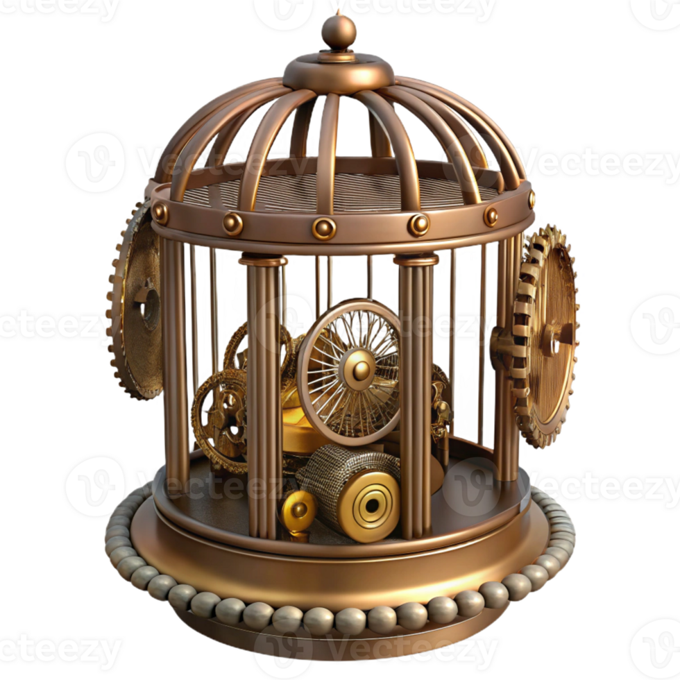 immaculate dynamic industrial Steampunk birdcage with intricate filigree and a clockwork mechanism with Transparent Background exclusive png
