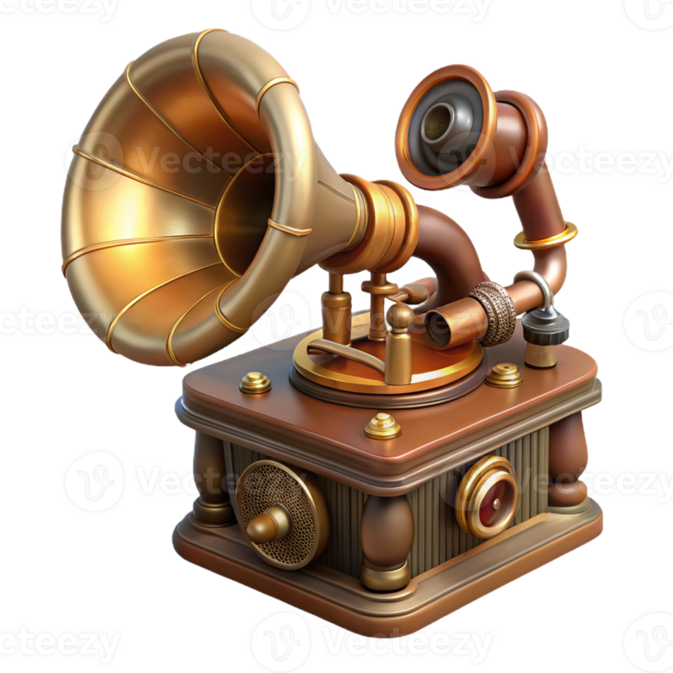 captivating dramatic tropical Steampunk phonograph with a brass horn and intricate clockwork with Transparent Background impeccable png