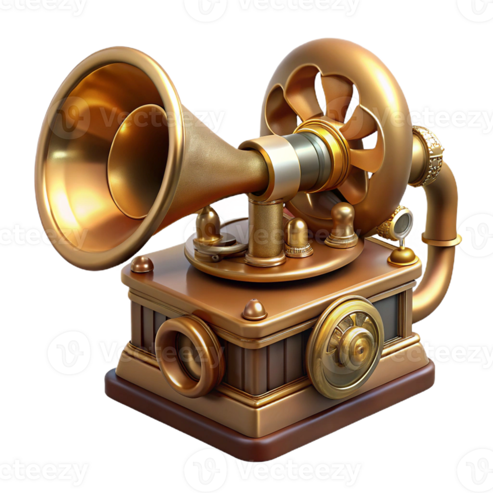 reflective extraordinary Steampunk phonograph with a brass horn and intricate clockwork with Transparent Background authentic png