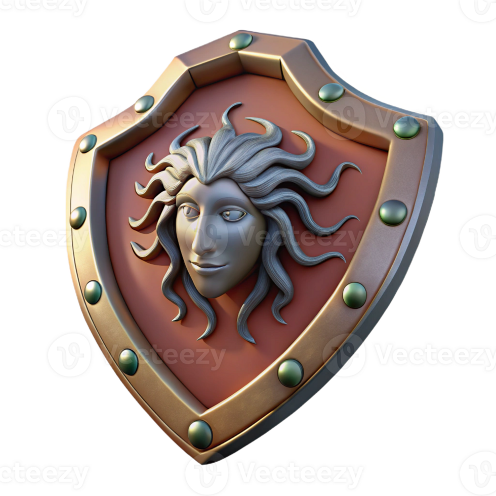 majestic renaissance Hyper-specific professional render of a single, weathered Aegis shield, Medusa head detail, isolated cutout with Transparent Background 8K png