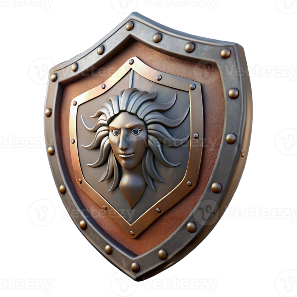 magnificent avant-garde Hyper-specific professional render of a single, weathered Aegis shield, Medusa head detail, isolated cutout with Transparent Background top-tier png