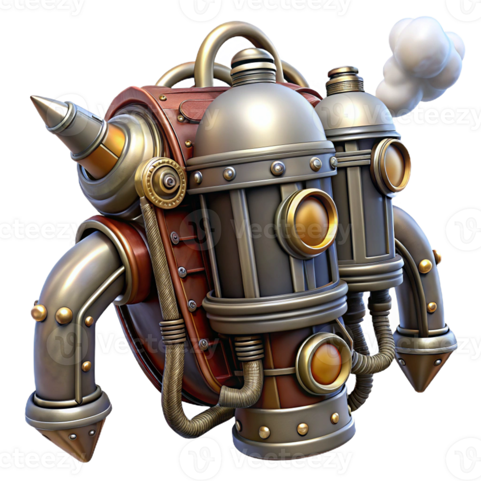 pristine harmonious artistic Steampunk jetpack with intricate metalwork and steam vents with Transparent Background genuine png
