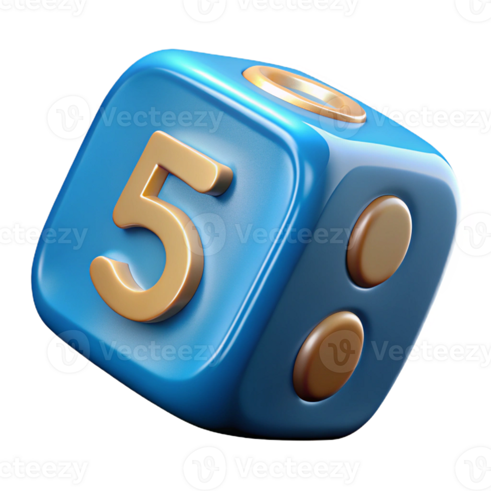 striking bold renaissance Professional render, isolated cutout of a single dice, showing the number five, ultra-detailed with Transparent Background 8K png
