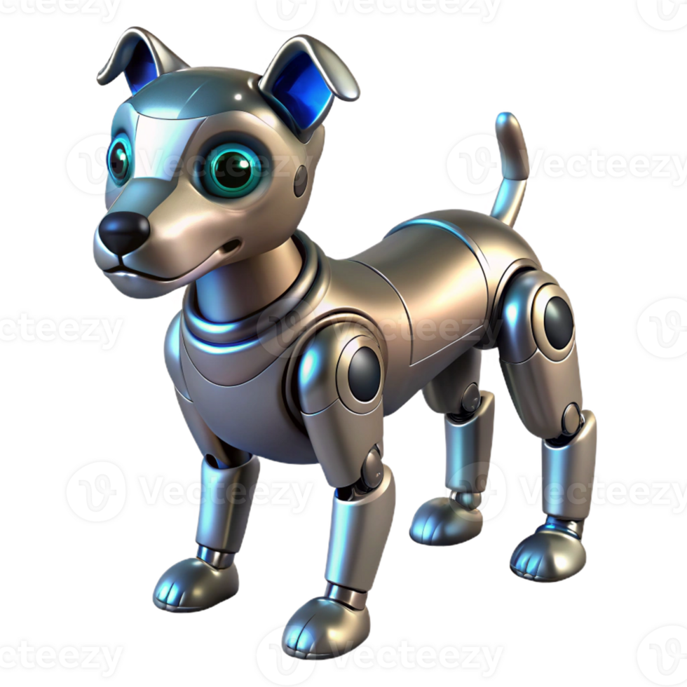 rare art deco Robot dog, metallic body, glowing eyes with Transparent Background fine detail png
