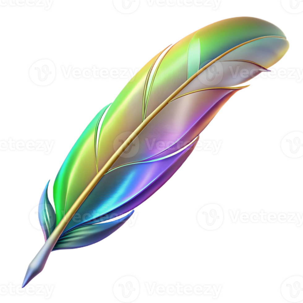 impressive remarkable Ultra-detailed, photorealistic isolated cutout of a single, floating feather with holographic iridescence with Transparent Background png