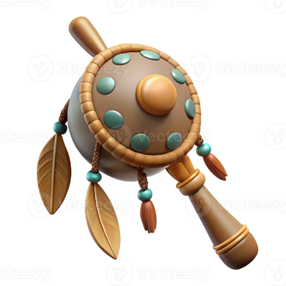 elegant playful organic Concept art style, isolated cutout of a tribal shaman's ceremonial rattle adorned with feathers and beads with Transparent Background studio quality png