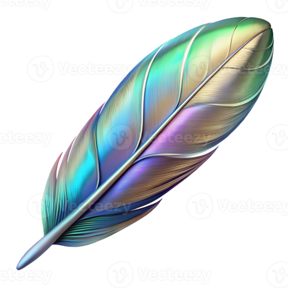 iconic creative Ultra-detailed, photorealistic isolated cutout of a single, floating feather with holographic iridescence with Transparent Background top-tier png